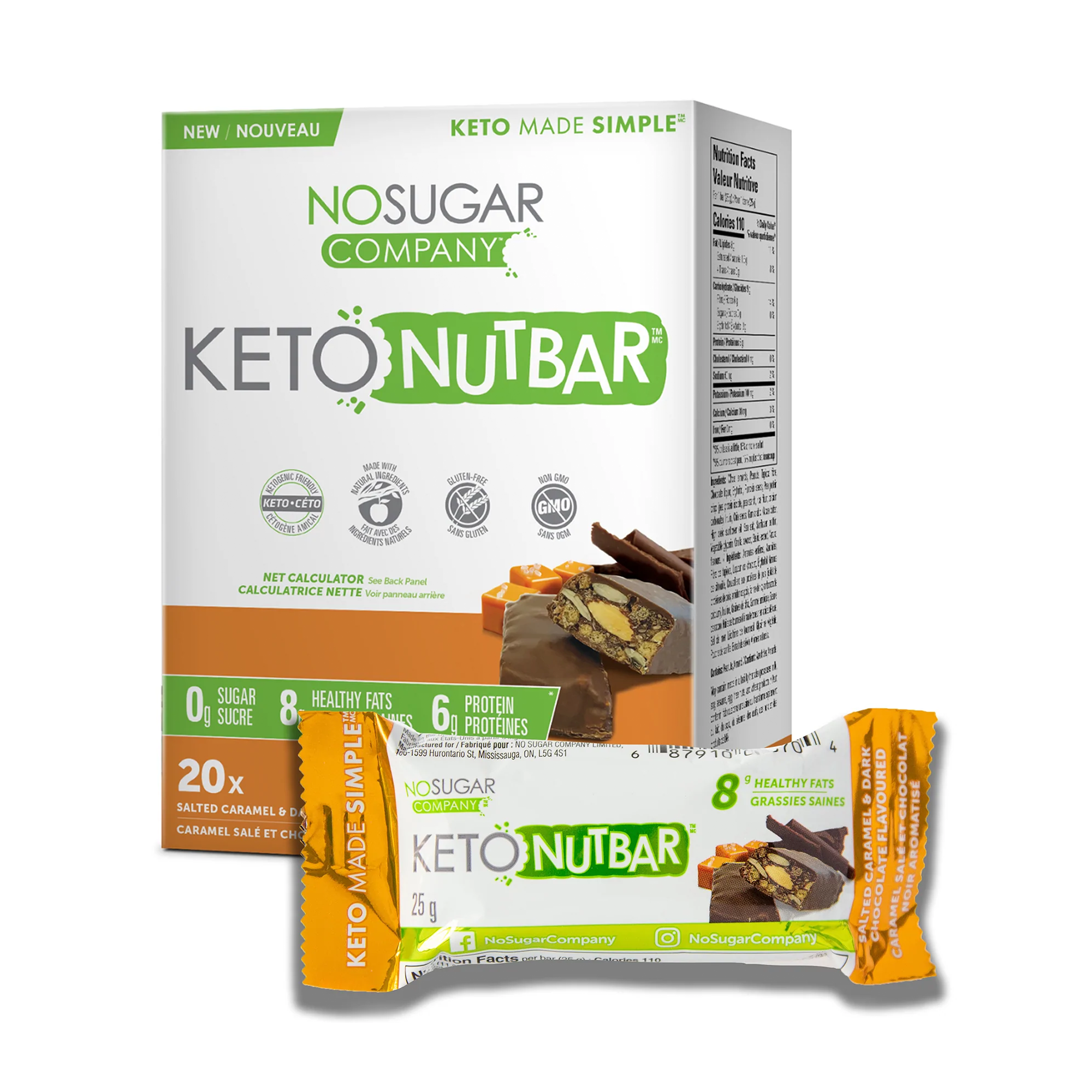 No Sugar Keto Nutbars Salted Caramel and Dark Chocolate - 20 Nutbars, 25g (0.88oz) per Nutbar