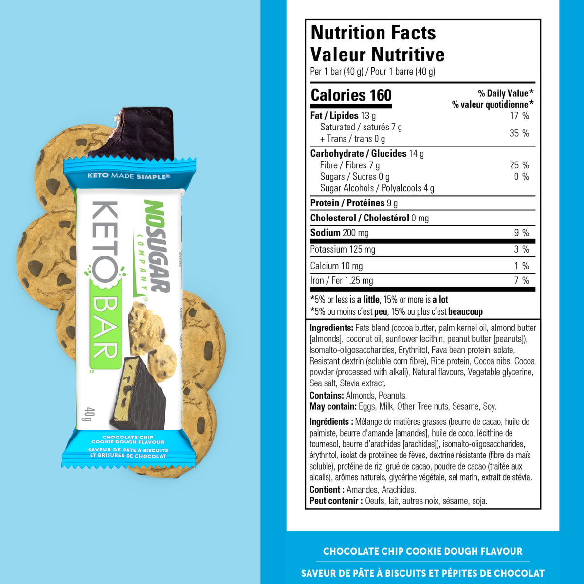 No Sugar Keto Bar Chocolate Chip Cookie Dough - 12 Bars, 40g (1.41oz) per Bar