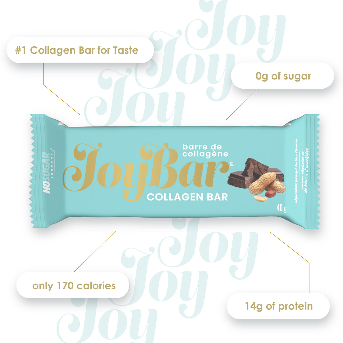 JOYBAR Collagen Bar - Chocolate Peanut Butter - 12 Bars, 40g (1.41oz) per Bar