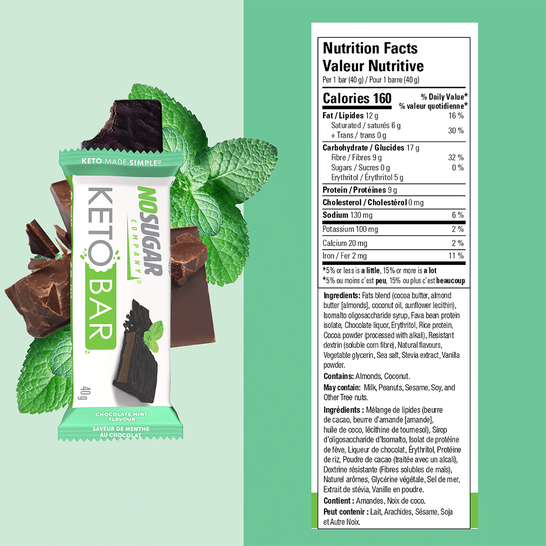No Sugar Keto Bar Chocolate Mint - 12 Bars, 40g (1.41oz) per Bar