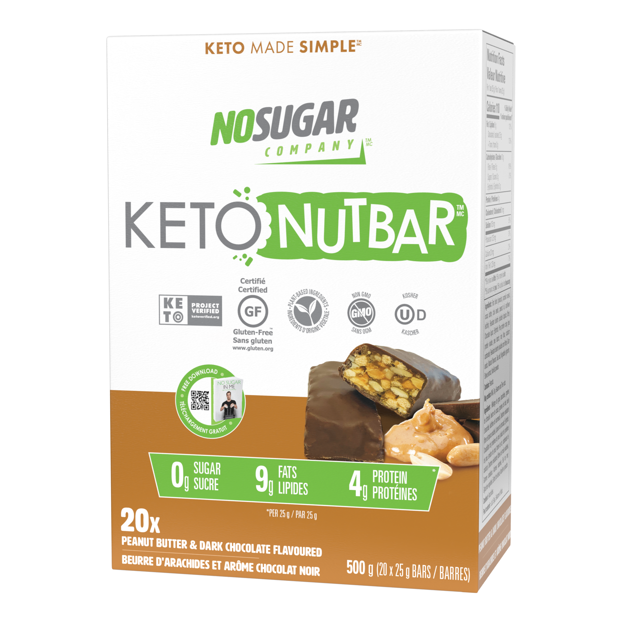 No Sugar Keto Nutbar Peanut Butter and Dark Chocolate - 20 Nutbars, 25g (0.88oz) per Nutbar