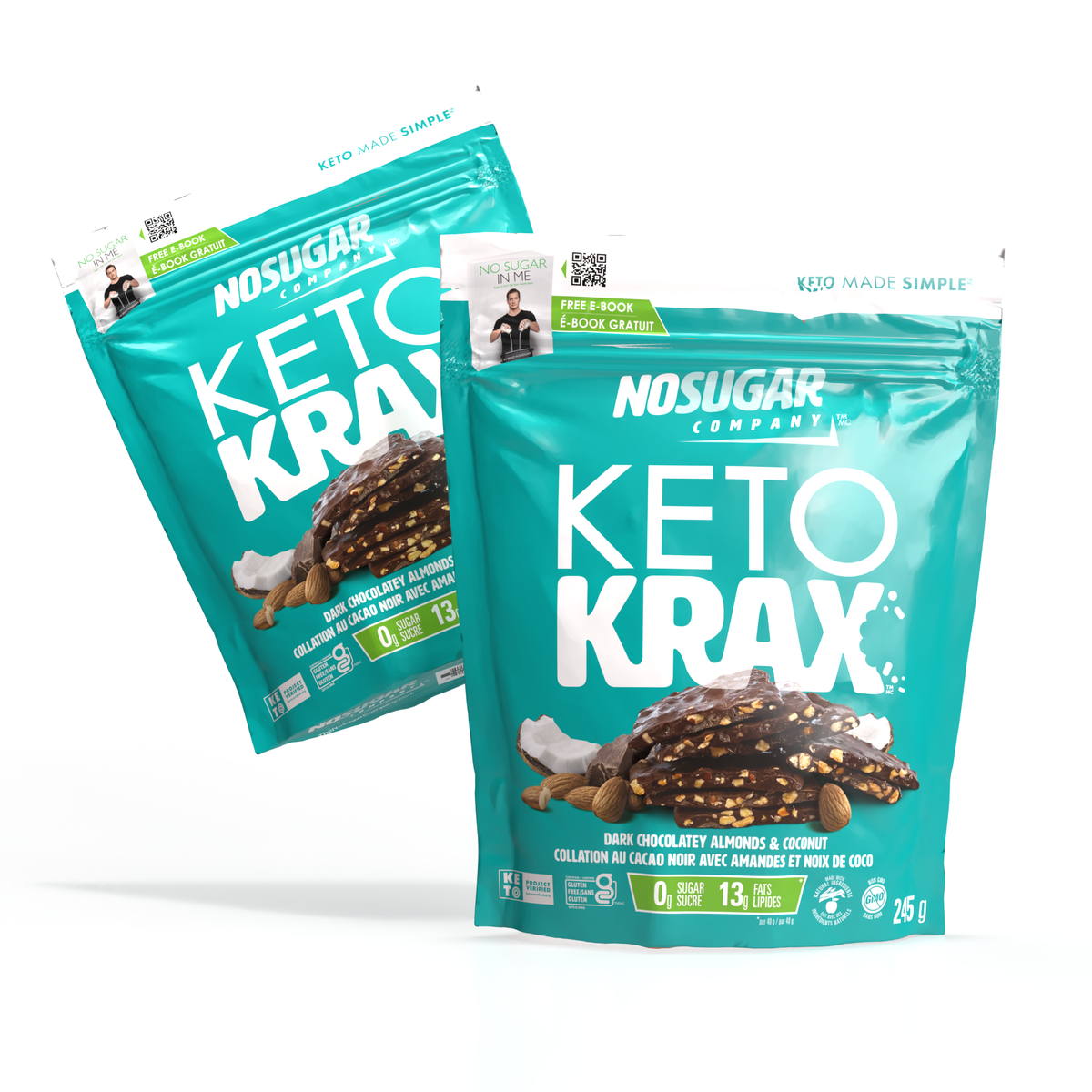 No Sugar Keto Krax Dark Chocolatey Almond & Coconut - 2x 245g bags = 490g