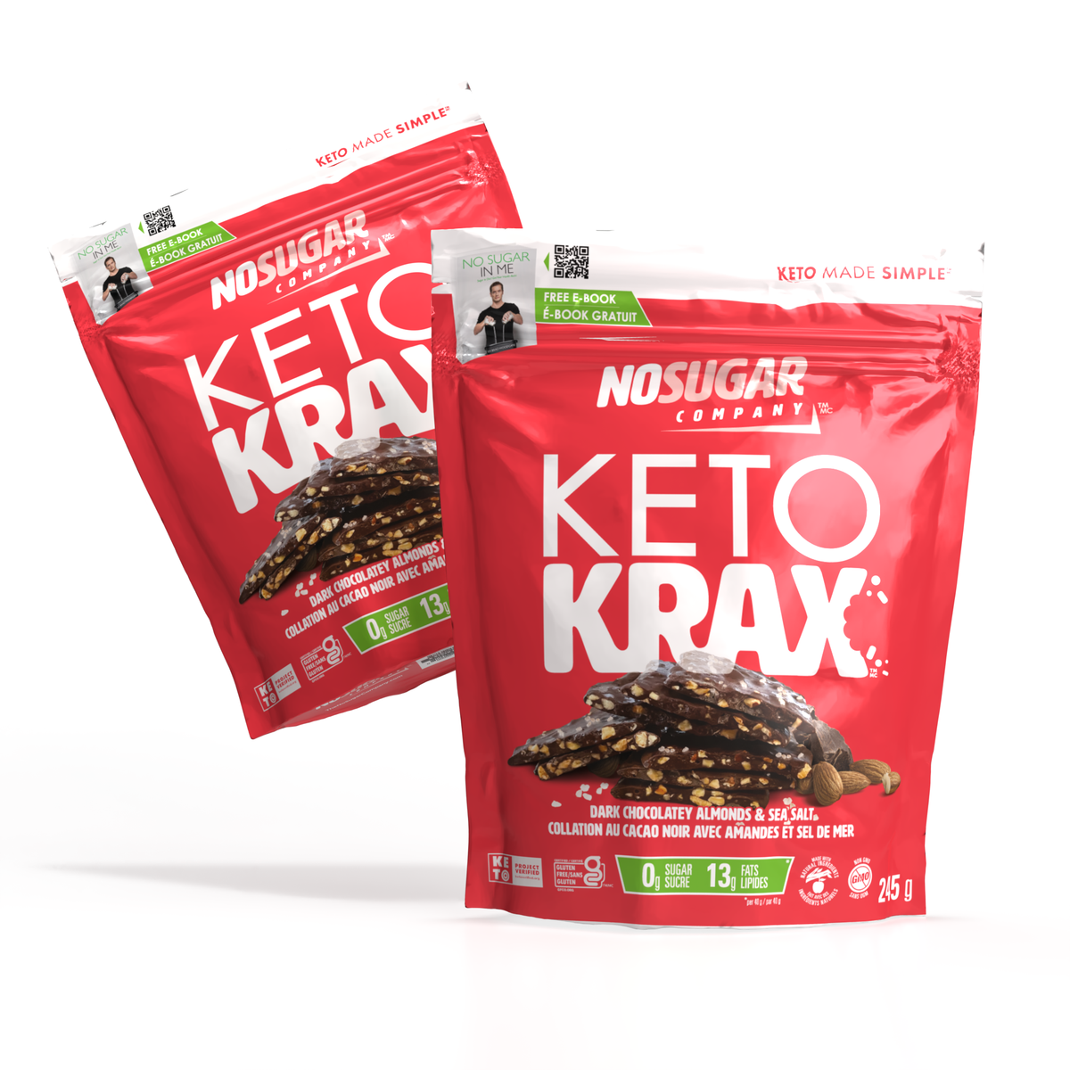 No Sugar Keto Krax Dark Chocolatey Sea Salt & Almonds - 2x 245g bags = 490g