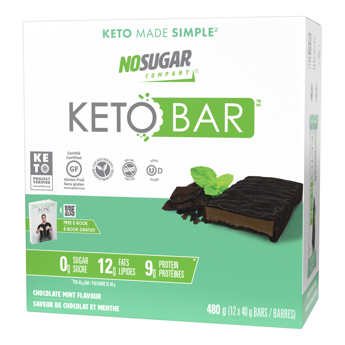 no sugar mint flavoured keto bar gluten-free, plant based, non-gmo, kosher. 