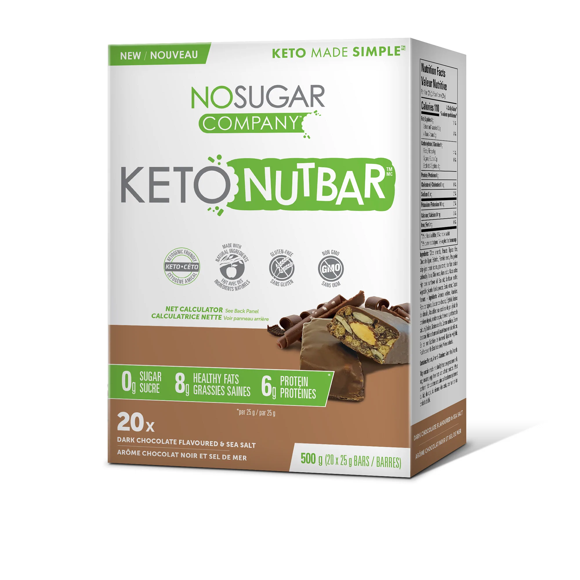 No Sugar Keto Nutbars Dark Chocolate and Sea Salt - 20 Nutbars, 25g (0.88oz) per Nutbar